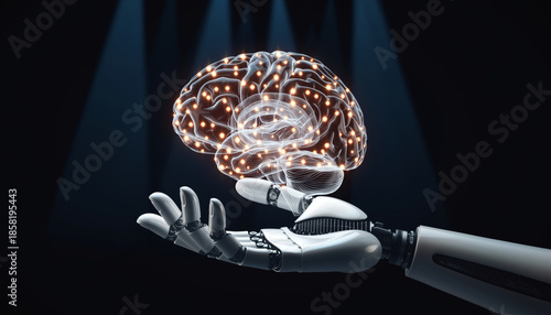 Artificial Intelligence Brain Hovering Above Robotic Hand