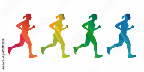 Colorful silhouettes of four women running in a dynamic sequence