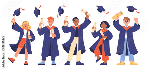 A vibrant graduation scene capturing joyful students in caps and gowns celebrating their achievements with diplomas in hand and bright smiles on their faces.