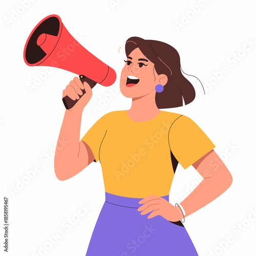 An expressive illustration of a woman passionately speaking into a megaphone, reflecting her determination and commitment to advocating for social change and movement.