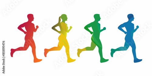 Colorful silhouettes of people running in a dynamic and energetic formation