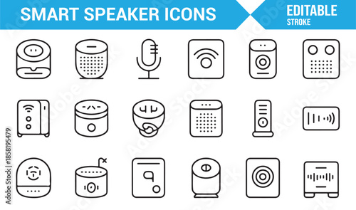 Smart speaker and voice assistant line icon set