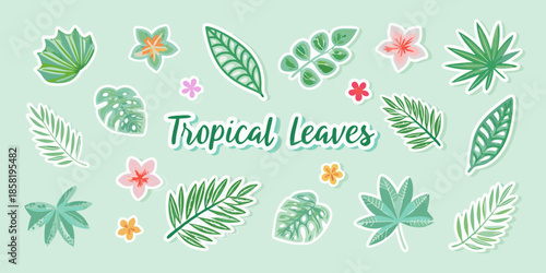 A vibrant collection of tropical leaves and delicate flowers on mint background