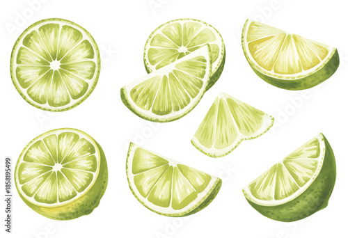 Fresh lime fruit pieces with soft hand-painted watercolor texture.