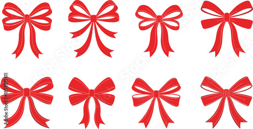 Red ribbon bow illustration set with decorative festive shapes in flat hand drawn style for gifts, holidays, packaging, celebrations, and seasonal design projects