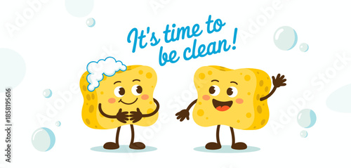 This lively illustration features two friendly sponges united in their message about cleanliness, embodying playfulness and joy in maintaining hygiene habits.
