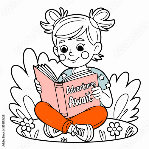 A young girl with pigtails happily reading a book titled 'Adventures Await', sitting on grass surrounded by greenery, showcasing a sense of curiosity and imagination in a bright setting.