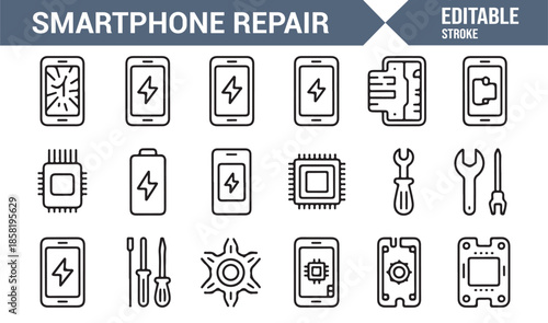 Mobile repair and electronics service line icons