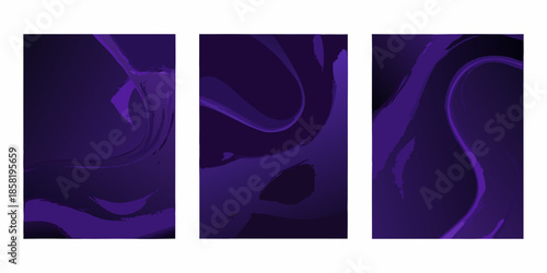 Abstract dark purple marble triptych wall art with swirling patterns