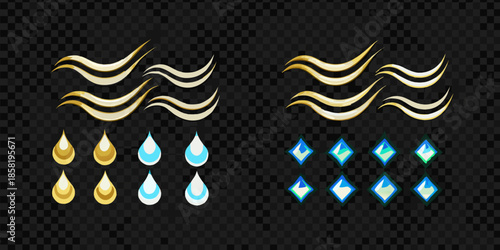 Golden and blue water elements with wave and droplet designs