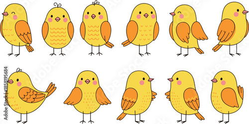 Cute yellow chick illustration set with funny cartoon baby birds in flat hand drawn style for kids designs, spring themes, and cheerful projects