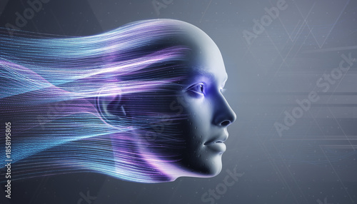 Futuristic Human Profile with Flowing Neon Data Streams