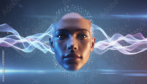 Futuristic Human Face with Symmetrical Energy Waves and Digital Aura