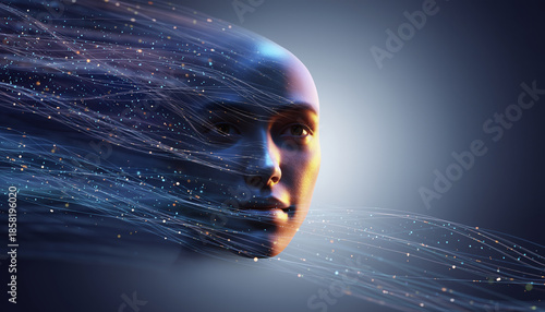 Futuristic Human Face with Flowing Cosmic Data Streams