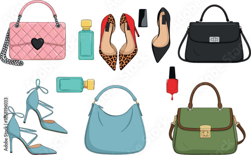 Fashion accessories illustration set with handbags, high heels, perfume, nail polish, and women style items in modern flat design