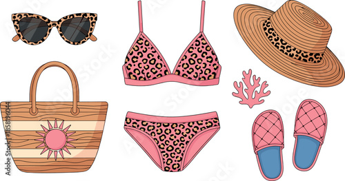 Summer beach fashion illustration set with bikini, hat, sunglasses, bag, sandals, and coral in flat colorful style for vacation and holiday designs