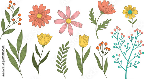 Hand drawn wildflower illustration set with colorful floral elements and leaves in soft flat style for spring designs, patterns, and feminine branding