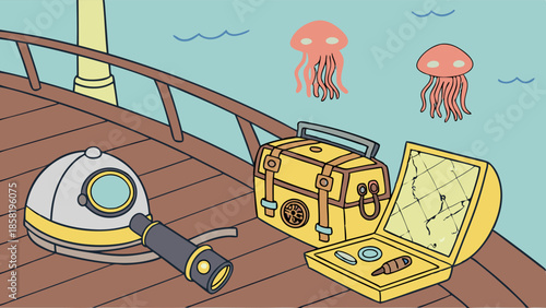 Nautical Exploration Gear Diving Helmet Spyglass and Treasure Map on Ship Deck Adventure and Discovery Journey