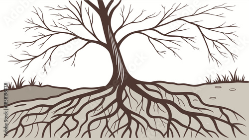 Cross Section Illustration of Tree Roots and Bare Branches Showing Foundation Stability and Deep Network Structure for Business Diagram and Organizational Growth