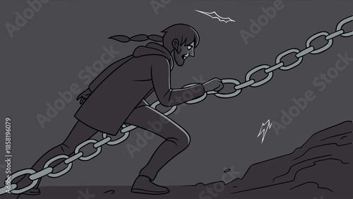 Determined Young Person Pulling Heavy Iron Chain Uphill Illustrating Struggle Effort and Overcoming Adversity or Business Challenge