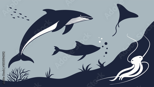 Whale Dolphin Manta Ray And Octopus Underwater Marine Life Vector Illustration Deep Ocean Ecosystem Ecology Conservation Design