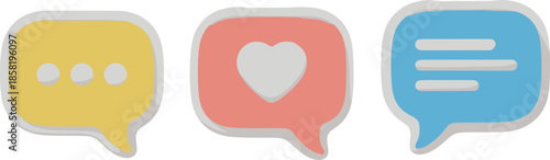 Chat and message bubble icon set with heart and text symbols in soft rounded flat style for social media, messaging apps, and user interface design