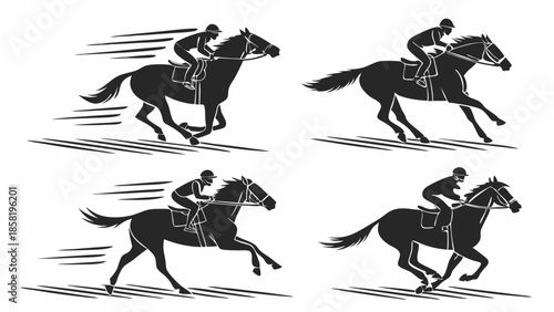 Dynamic Racehorse Silhouettes Jockeys Riding at Full Gallop Speed Power and Competition Vector Graphic Elements