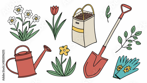 Vector Doodle Set Of Spring Gardening Tools And Flowers Shovel Watering Can Gloves Tulip Daffodil Planting Kit Illustration