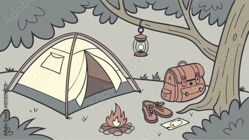 Wilderness Camping Trip Illustration Tent Campfire Backpack Boots And Map Outdoor Adventure Travel Preparation