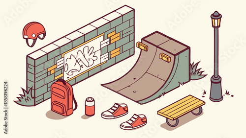 Isometric Skate Park Illustration Urban Street Culture Gear Skateboard Ramp Graffiti Wall Youth Lifestyle Design
