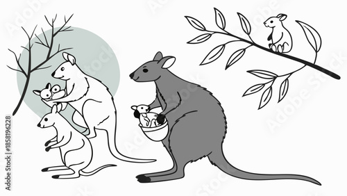 Monochrome Kangaroo Family Illustration Mother and Joey in Pouch Australian Wildlife Graphic Design Element for Nature Education