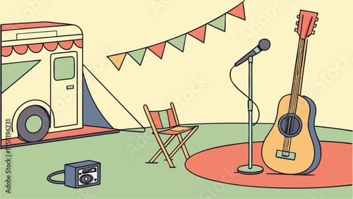 Acoustic Guitar Microphone and Amp Setup on Outdoor Stage Ready for Live Music Performance Festival or Open Mic Night Illustration