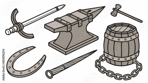 Blacksmith Shop Tools Anvil Sword Horseshoe Barrel Hammer Isolated Graphic Assets For Crafting And Fantasy Design