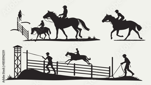 Equestrian Sports Silhouette Collection Horse Riders Jumping Fences and Training