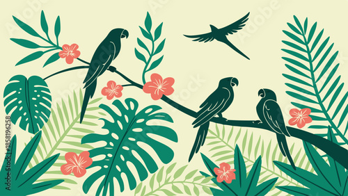 Exotic Tropical Birds Parrots Perched on Branch in Lush Jungle Foliage Vector Illustration Flat Design Background for Summer Travel and Nature Web Banner