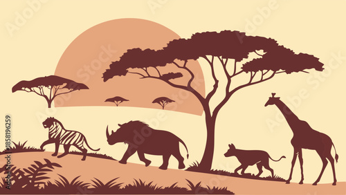 African Safari Animals Silhouette Illustration Savanna Sunset Landscape Wildlife Conservation Travel Background Graphic Design Elements