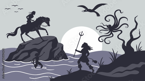 Dramatic Silhouette of a Warrior Woman with Trident Facing a Tentacled Sea Monster Creature and Horse Rider on a Cliff.