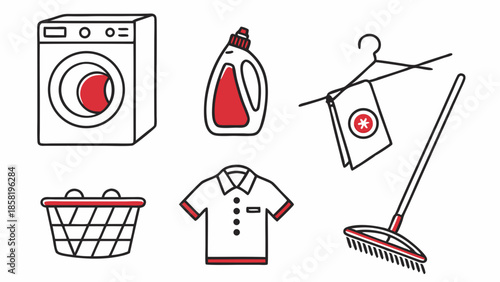 Household Laundry and Cleaning Service Icons Set Washing Machine Detergent Basket Broom Domestic Chores Symbols for Home Maintenance Web Design