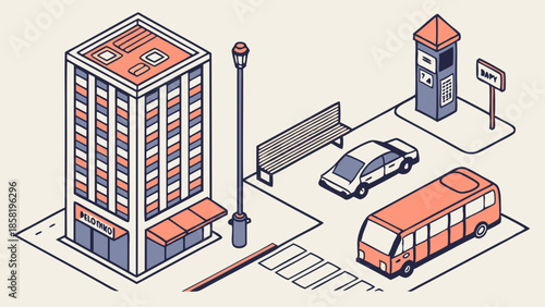Isometric Cityscape Illustration Downtown Street Scene with Bus Stop Car and Modern High Rise Building
