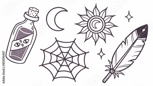 Mystical Witchcraft Design Elements Set Occult Celestial Icons Potion Bottle Moon Sun Spiderweb Feather Graphics for Spooky Branding and Halloween Decor