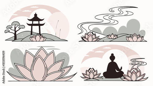 Minimalist Zen Art Vector Set Meditating Person Lotus Flowers Pagoda Asian Landscape Design for Wellness and Spa