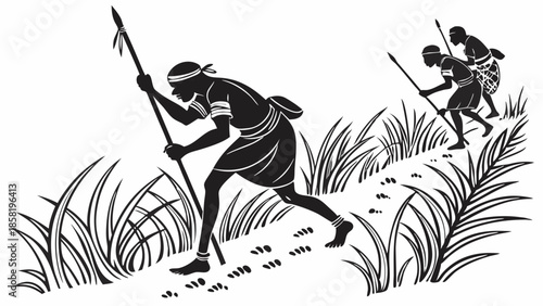 Determined Tribal Hunters Following Animal Tracks Uphill Climb Wilderness Expedition Silhouette Illustration Vector