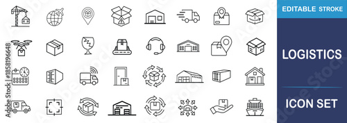 Logistics and Delivery Line Icons Set – Warehouse, Shipping, Transport, Cargo, Supply Chain Vector