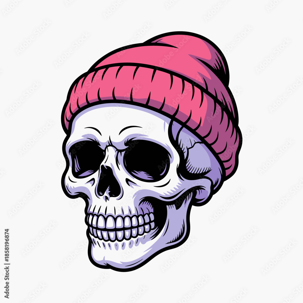 Obraz premium A trendy skull wearing a pink beanie, showcasing a unique blend of pop culture and fashion characters that often captivate the youth and indie art communities.