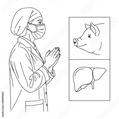 Doctor wearing mask praying beside pig and liver diagrams medical prayer