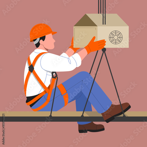 A construction worker meticulously handles a package while suspended, highlighting safety measures and the essential role of professionals in construction and building projects.