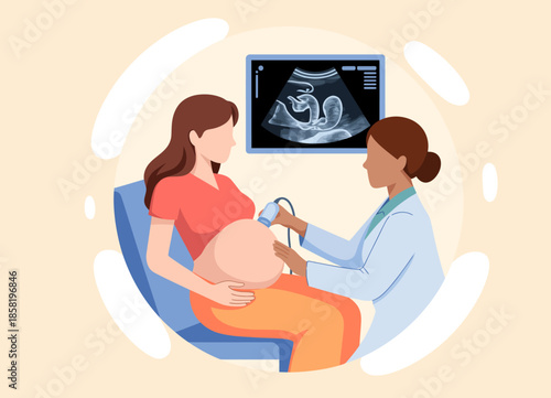 A healthcare professional performs an ultrasound on a pregnant woman, providing a glimpse of the baby on the screen while promoting prenatal health and care.