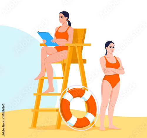 A lifeguard sitting on a high chair near the water, prepared to ensure safety at the beach, exemplifying vigilance, responsibility, and authority among beachgoers.
