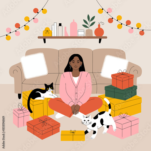 This cozy indoor scene features a woman surrounded by colorful gift boxes, with two adorable cats sitting beside her, emanating a warm and festive atmosphere.