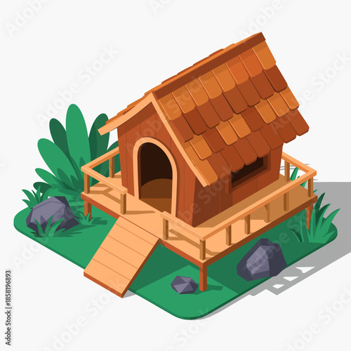 This charming wooden cabin features a rustic design with a sloping roof and a welcoming deck, set in a vibrant green landscape filled with bushes and rocks.